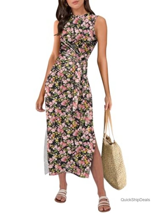 Dresses & Skirts - Sleeveless Tank Midi T-Shirt Dress Slim Fit Tie Waist Side Split